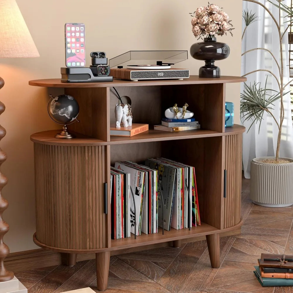 Dresden Collection | Brass-Accented Atomic-Era Walnut Record Console - highlighting material texture and craftsmanship detail in a Mid-Century Modern entryway setting.