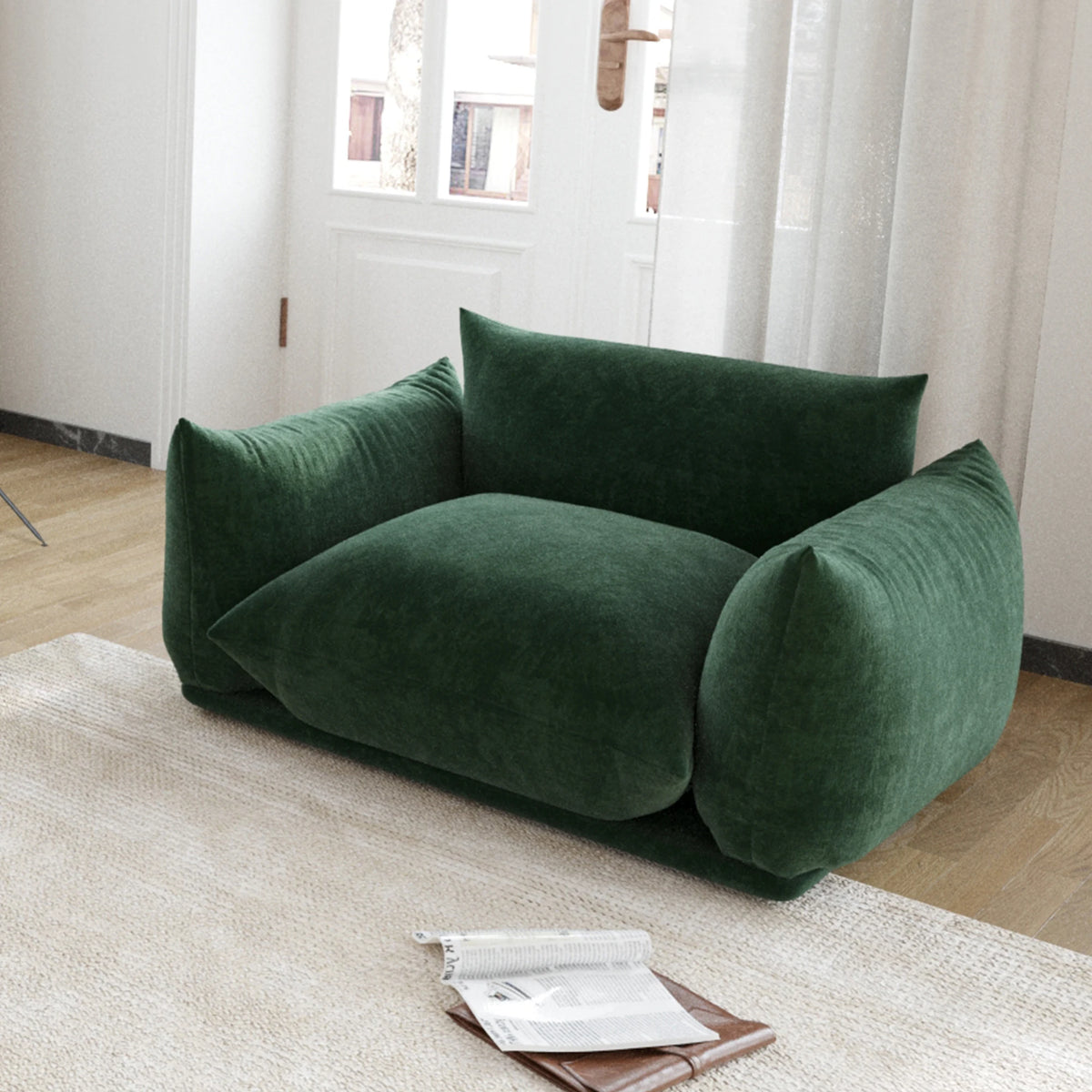 Valencia Collection | Gold-Trimmed Atomic-Era Chenille Accent Chair - highlighting material texture and craftsmanship detail in a Mid-Century Modern living room setting.