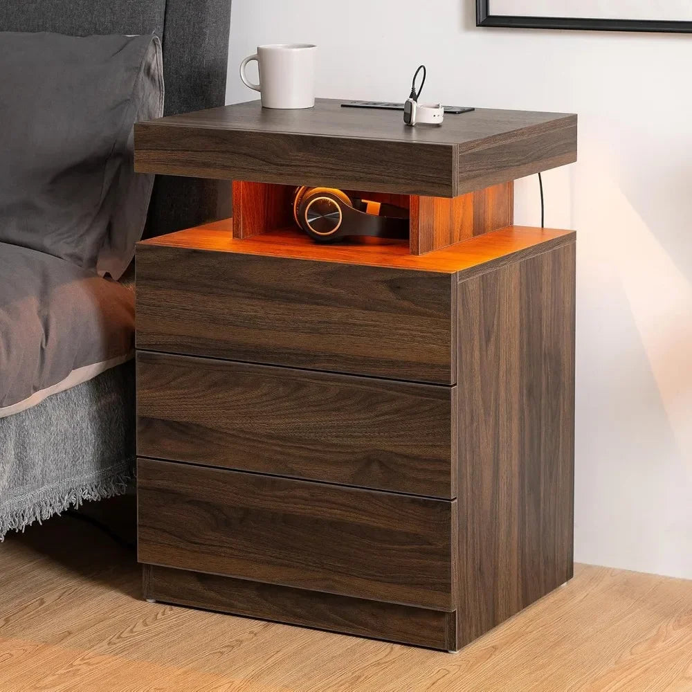 Meridian Collection | Streamlined Brass-Accented LED Nightstand with Charging - styled from an alternate angle revealing dimensional depth in a Mid-Century Modern bedroom setting.