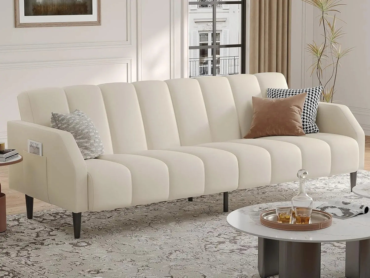 Belmont Collection | Streamlined Leather-Wrapped Convertible in Luxe Faux Leather - captured in a curated lifestyle vignette in a Mid-Century Modern living room setting.