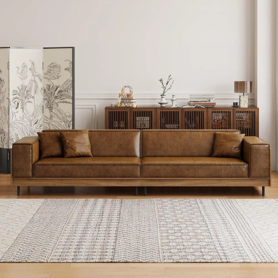 Ellington Collection | Floating Leather-Wrapped Full-Grain Leather & Walnut Lounge Chair - showcasing full sculptural form and curated finish in a Mid-Century Modern living room setting.