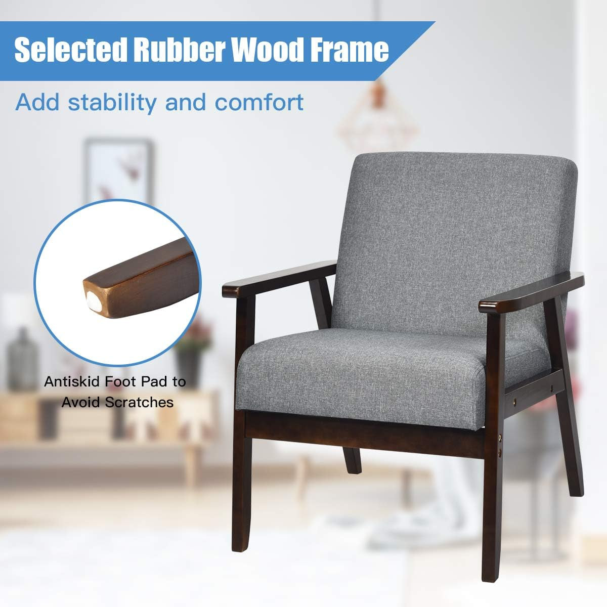 GIANTEX Mid-Century Modern Accent Chair, Retro Fabric Armchair, Solid Hardwood Made, Upholstered Linen Lounge Arm Chair for Living Room (1, Dark Grey)