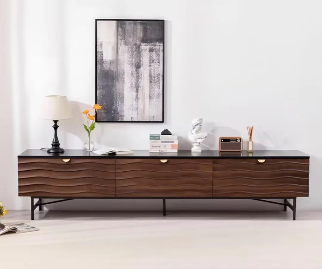 Ellington Collection | Atomic-Era Cabinet Walnut Media Console - framed in an editorial still-life composition in a Mid-Century Modern entryway setting.
