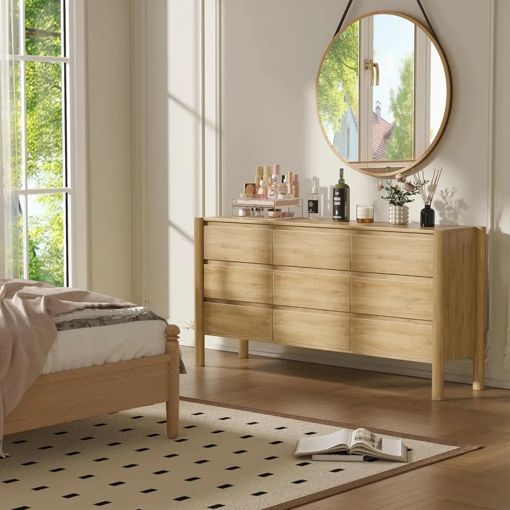 Fontaine Collection | Panoramic Atomic-Era Walnut Dresser - captured in a curated lifestyle vignette in a Mid-Century Modern bedroom setting.