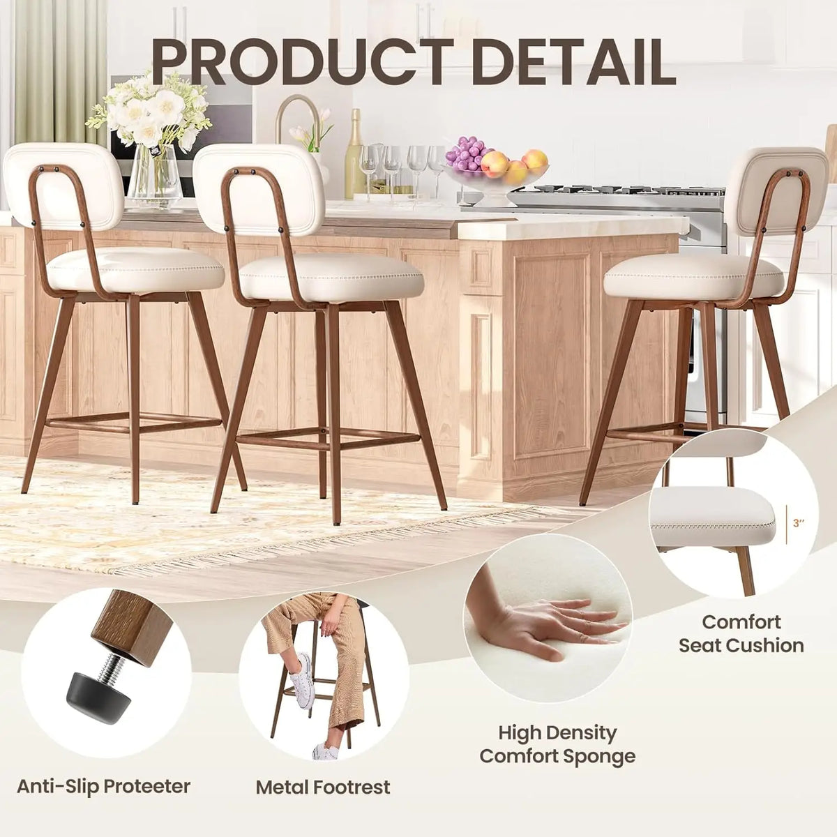 Fontaine Collection | Geometric Brass-Accented Walnut & Brass Bar Stools - Curated Bar Stool for the Modern Living Collection | Woodies ON Woodlawn
