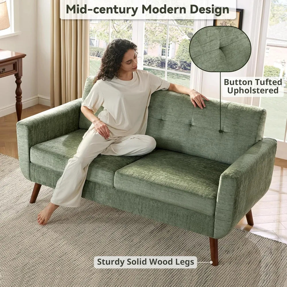 Ellington Collection | Panoramic Tapered-Leg Walnut Loveseat - highlighting material texture and craftsmanship detail in a Mid-Century Modern living room setting.