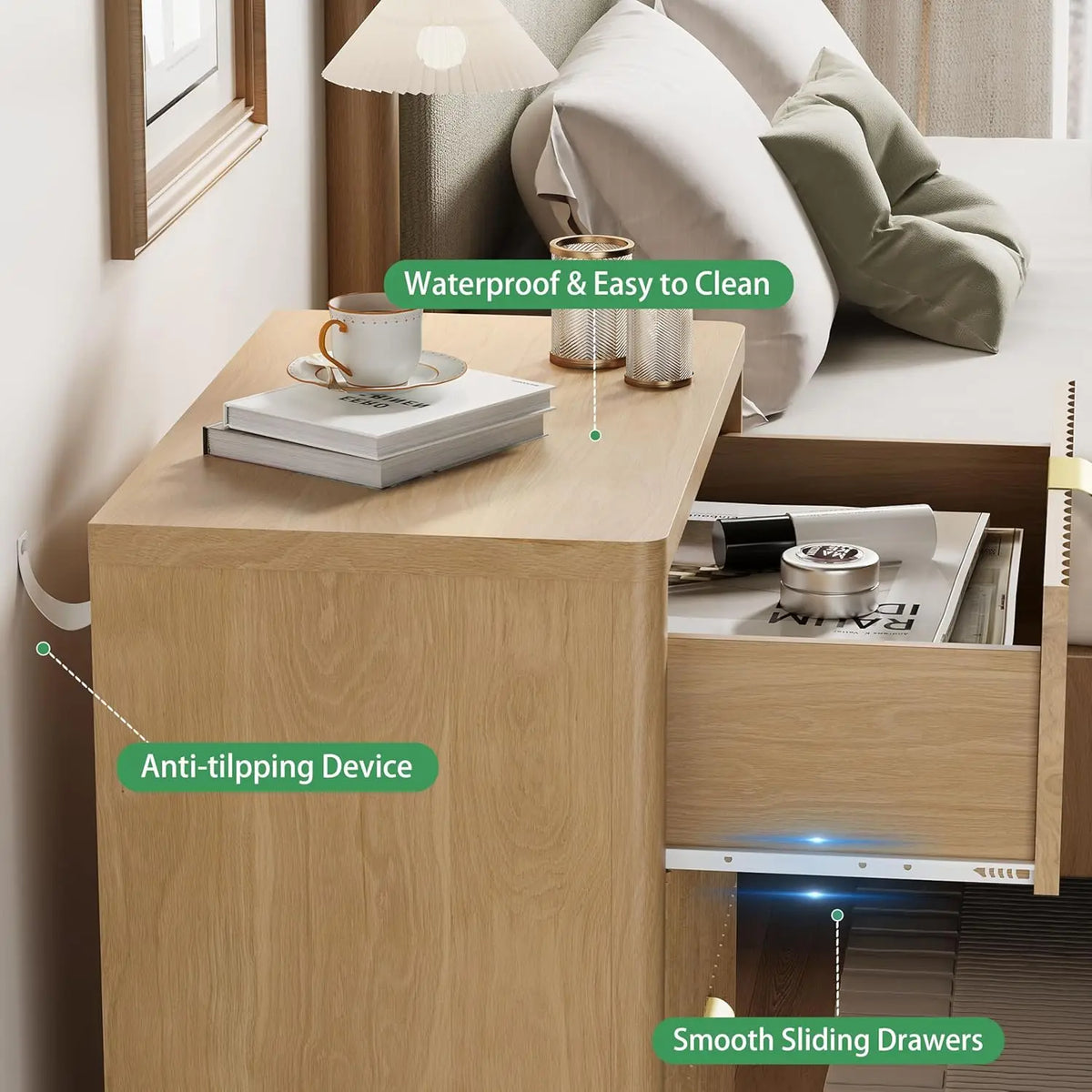 Astoria Collection | Fluted Brass-Accented Fluted Walnut Nightstand - revealing tonal warmth and surface patina under ambient light in a Mid-Century Modern bedroom setting.
