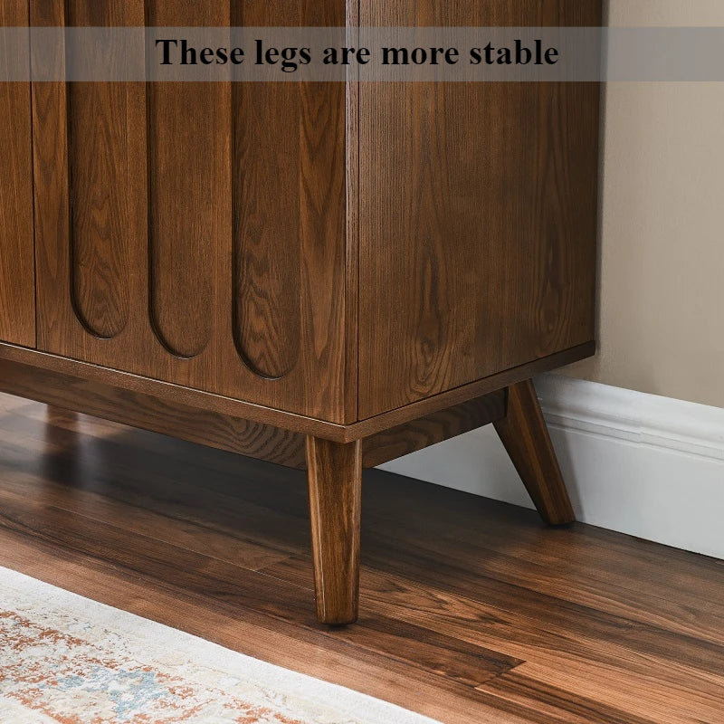 Fontaine Collection | Geometric Brass-Accented Walnut Cabinet - featuring close-up joinery and artisanal finish quality in a Mid-Century Modern living room setting.