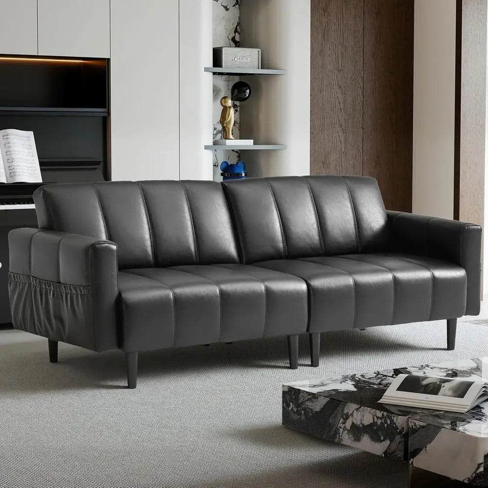 Dresden Collection | Geometric Leather-Wrapped Ebony Faux Leather Futon - highlighting material texture and craftsmanship detail in a Mid-Century Modern living room setting.