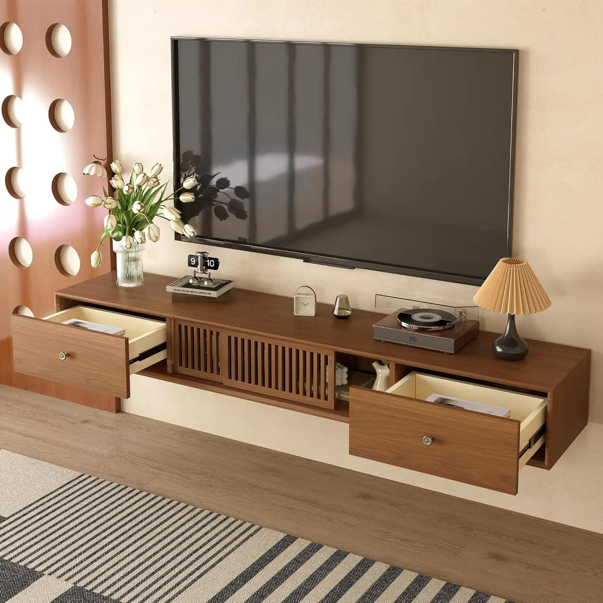 Ellington Collection | Slatted Nordic Floating Walnut Console - captured in a curated lifestyle vignette in a Mid-Century Modern entryway setting.