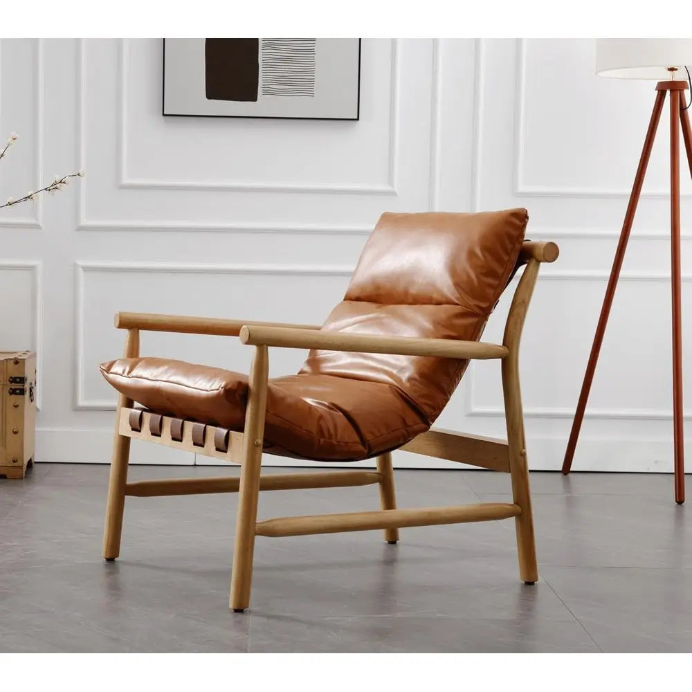 Ellington Collection | Geometric Leather-Wrapped Vegan Leather Armchair - featuring close-up joinery and artisanal finish quality in a Mid-Century Modern living room setting.