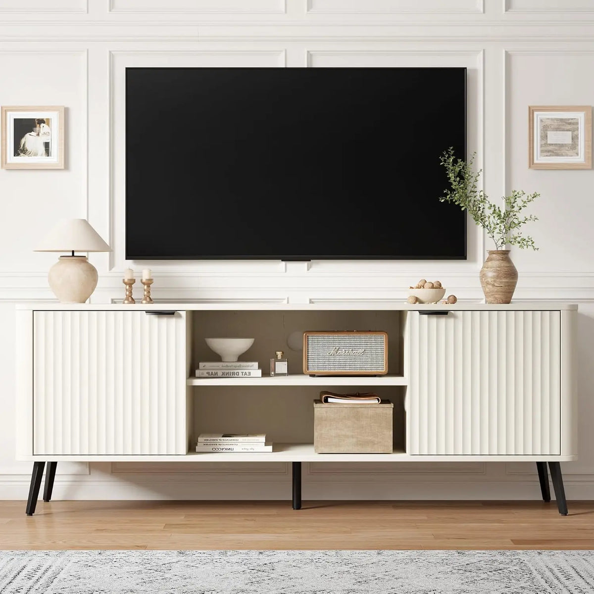 Dresden Collection | Panoramic Fluted Walnut Media Console - highlighting material texture and craftsmanship detail in a Mid-Century Modern entryway setting.