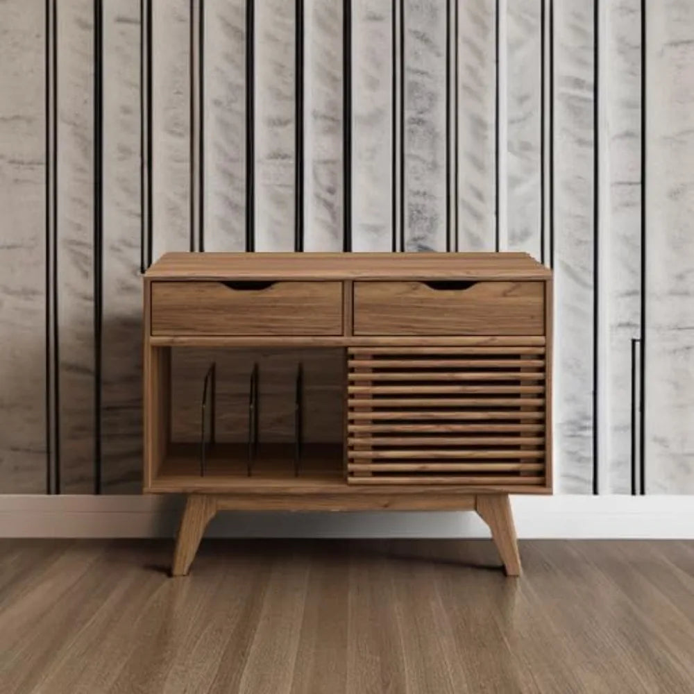 Dresden Collection | Compact Tapered-Leg Walnut Record Console - captured in a curated lifestyle vignette in a Mid-Century Modern entryway setting.