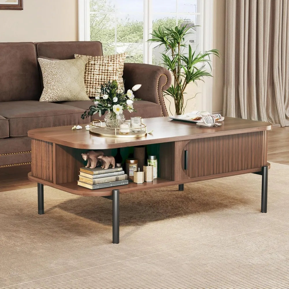 Fontaine Collection | Fluted Atomic-Era Fluted Walnut Coffee Table - presented at scale within a designed interior in a Mid-Century Modern living room setting.