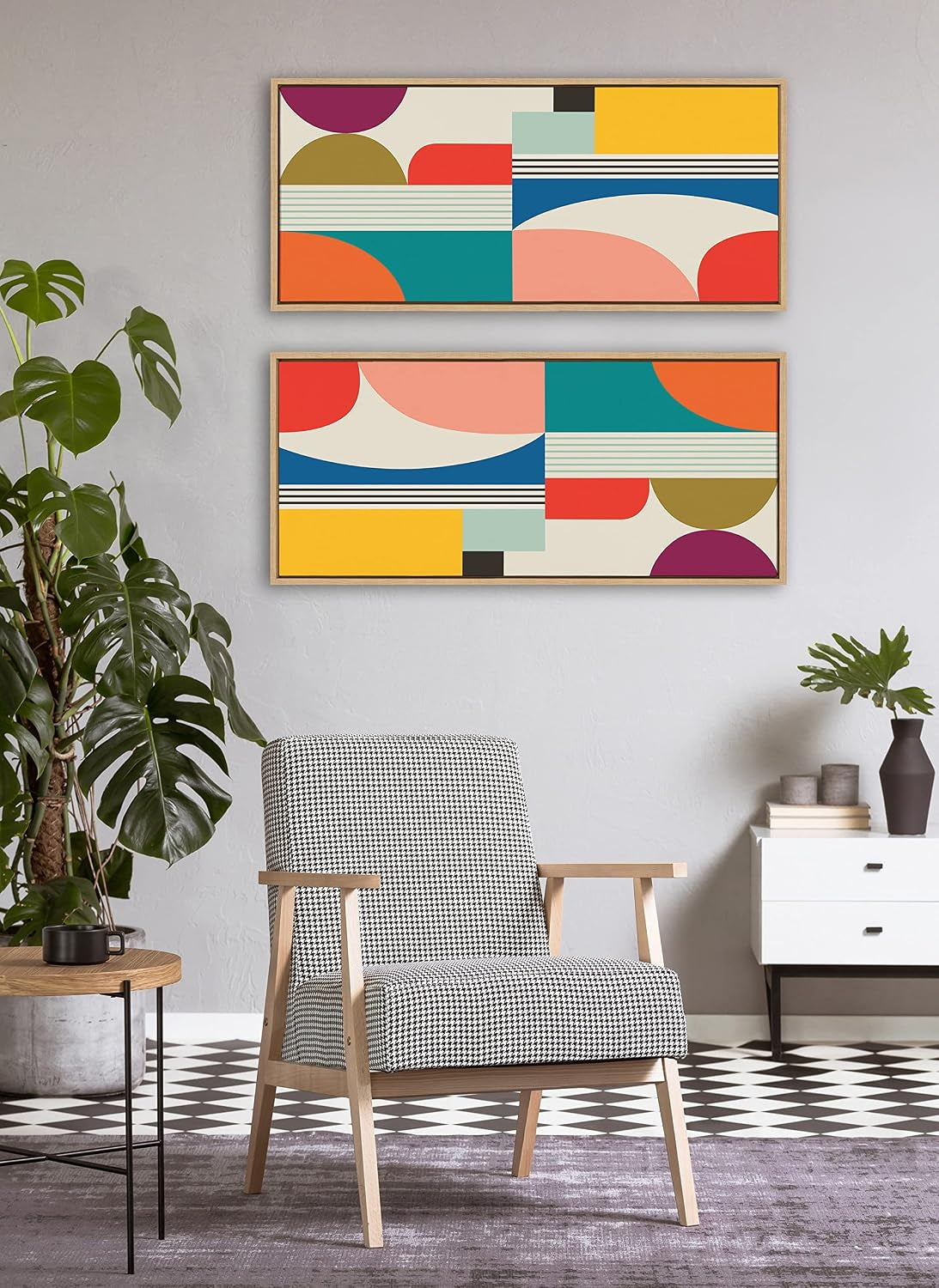 Sylvie Mid Century Modern Pattern Framed Canvas Wall Art by Rachel Lee of My Dream Wall; 18X40 Natural; Colorful Abstract Art Print for Wall