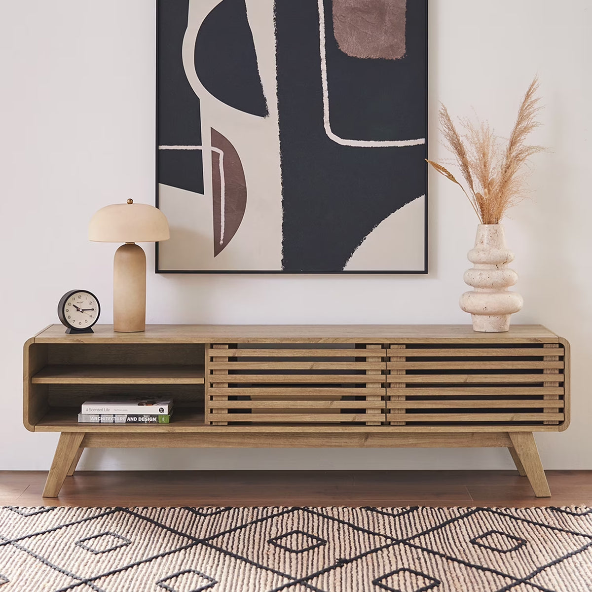 Ensley 59" Low Mid-Century Modern TV Stand Console for TV under 70", Oak