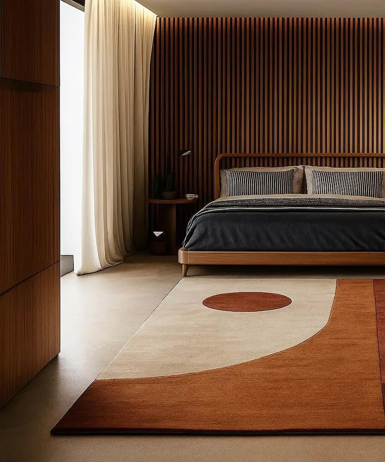 Dresden Collection | Geometric Desert-Modern Abstract Wool Rug - detail view 12 revealing design nuance in a Mid-Century Modern living room setting.