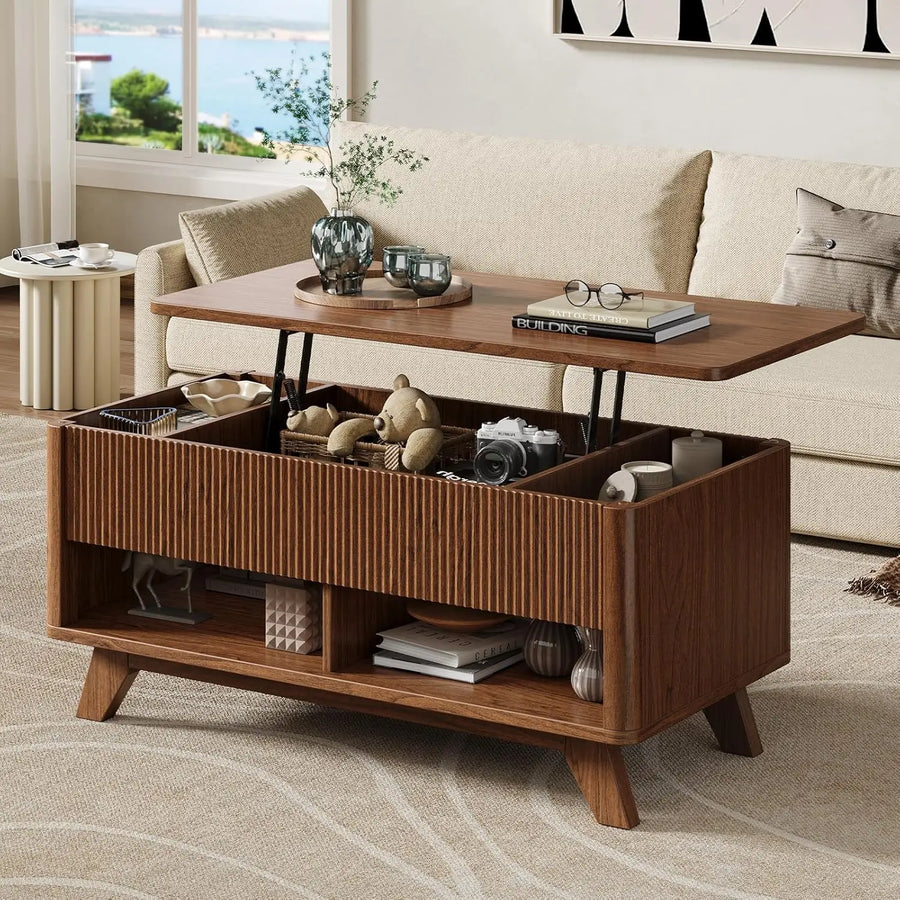 Astoria Collection | Fluted Brass-Accented Fluted Walnut Coffee Table - showcasing full sculptural form and curated finish in a Mid-Century Modern living room setting.