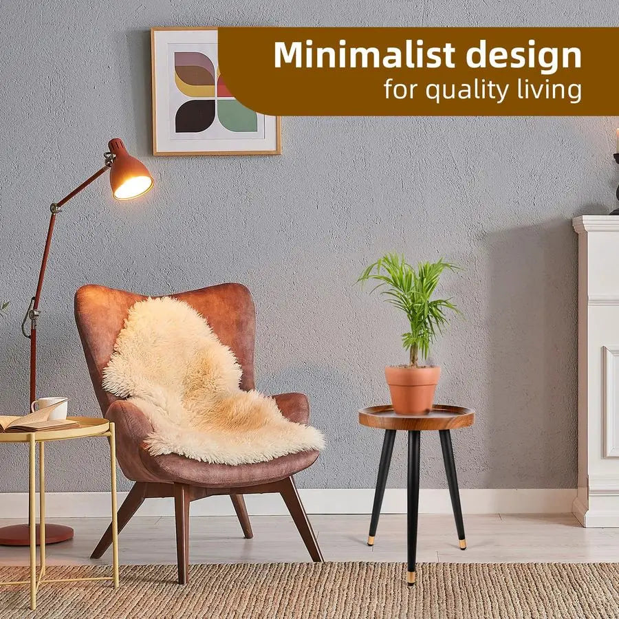 Fontaine Collection | Tapered-Leg Round Walnut Plant Stand - captured in a curated lifestyle vignette in a Mid-Century Modern living room setting.