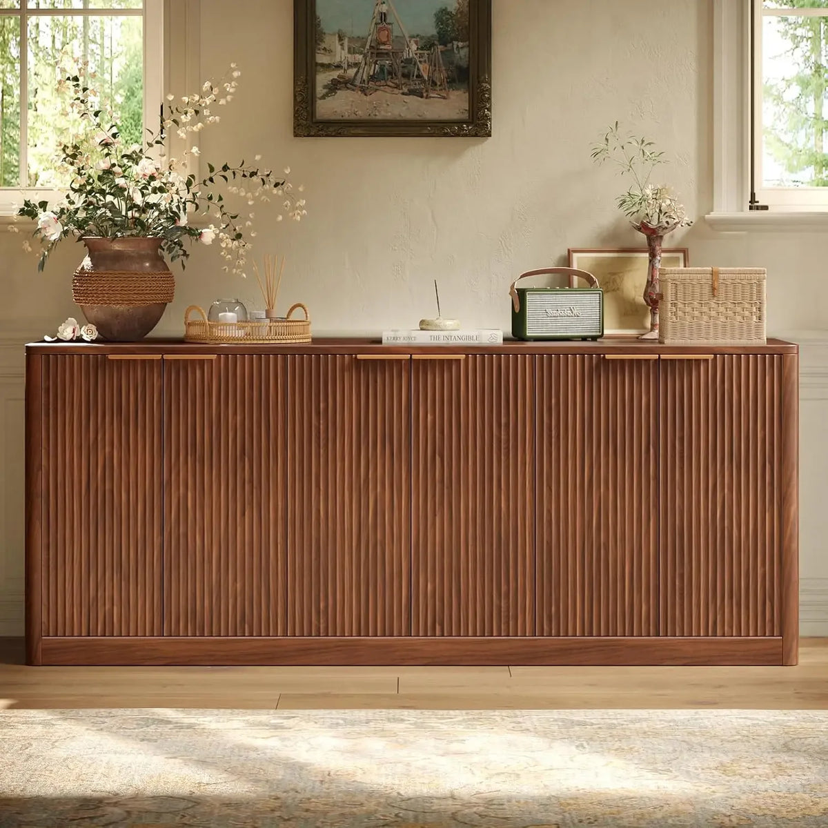 Dresden Collection | Panoramic Fluted Fluted Walnut Buffet - captured in a curated lifestyle vignette in a Mid-Century Modern living room setting.