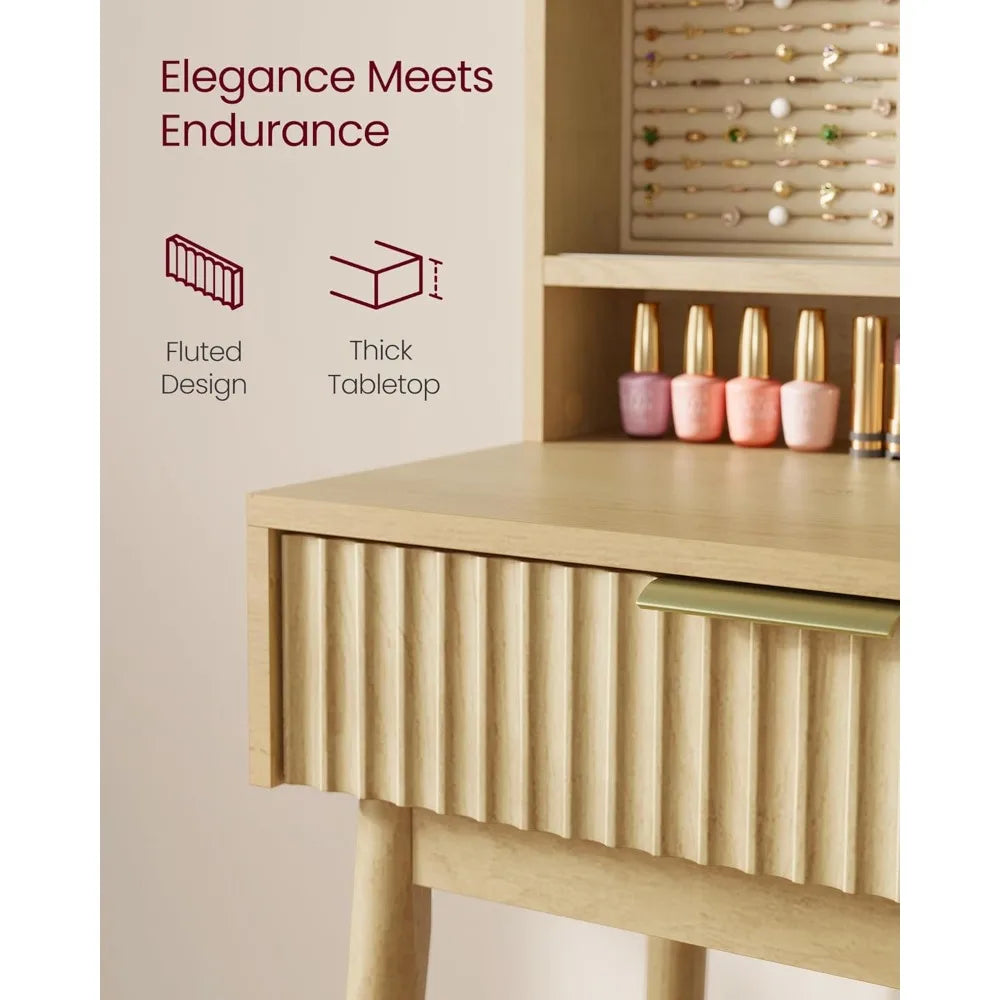 Elegant Mid-Century Modern Vanity Desk with Sliding Mirror & Integrated Lighting