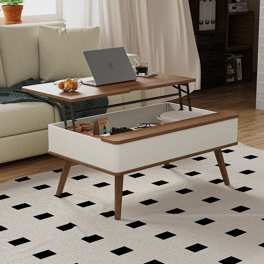 Ellington Collection | Tapered-Leg Brass-Accented Walnut Lift-Top - presented at scale within a designed interior in a Mid-Century Modern living room setting.
