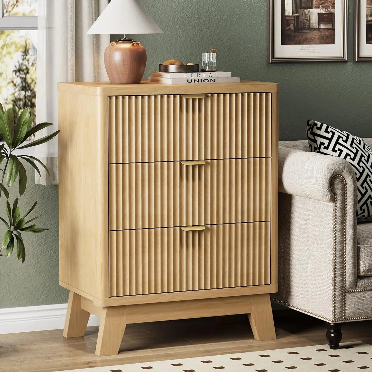 Astoria Collection | Fluted Brass-Accented Fluted Walnut Nightstand - styled from an alternate angle revealing dimensional depth in a Mid-Century Modern bedroom setting.