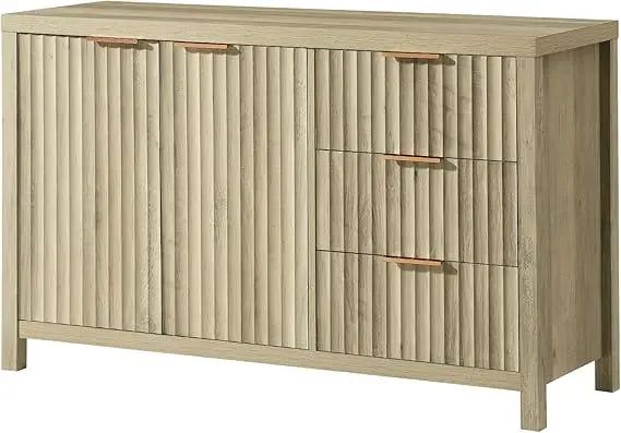Belmont Collection | Fluted Atomic-Era Sunwashed Ash Fluted Sideboard - styled from an alternate angle revealing dimensional depth in a Mid-Century Modern living room setting.