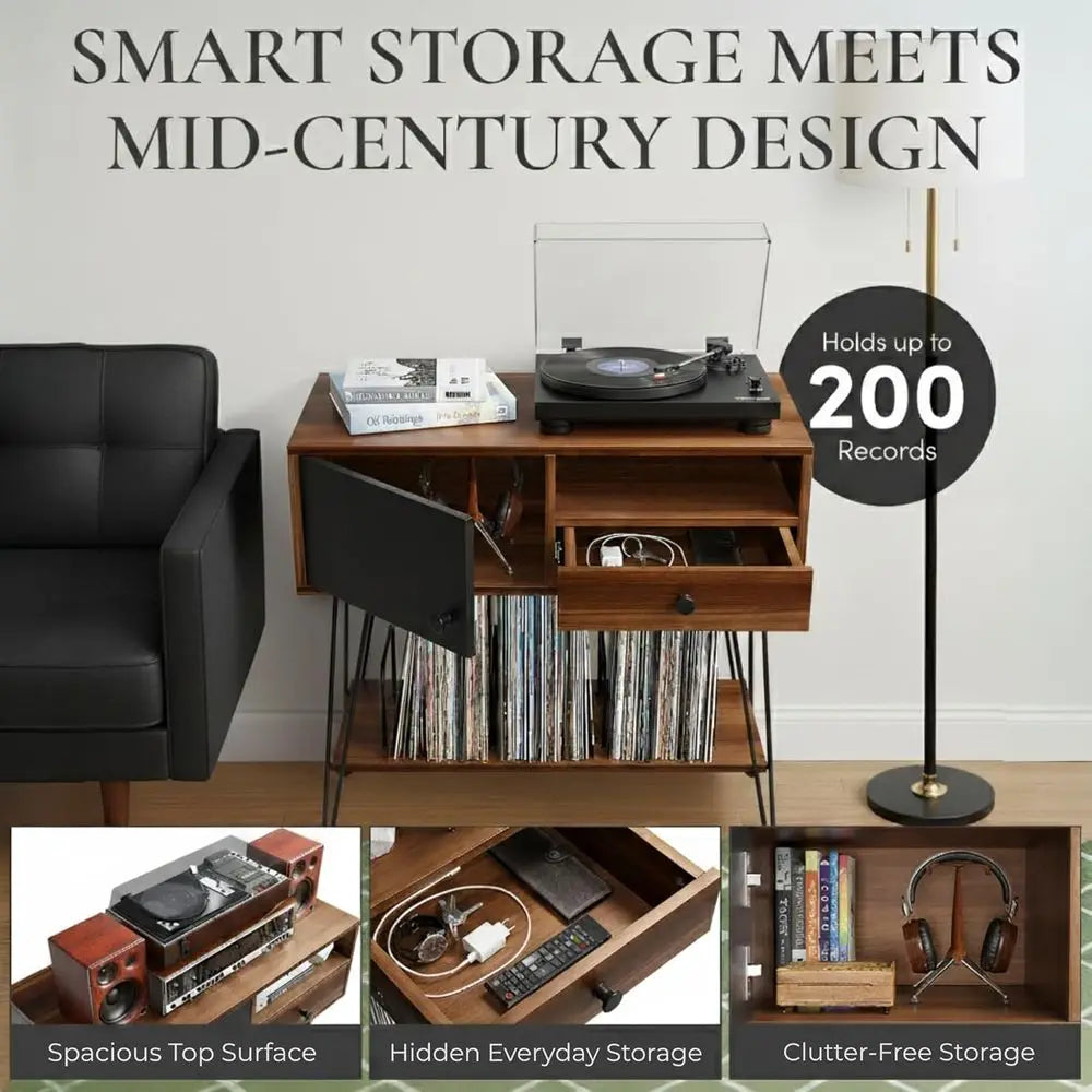 Ellington Collection | Sculptural Desert-Modern Walnut Record Stand - captured in a curated lifestyle vignette in a Mid-Century Modern living room setting.