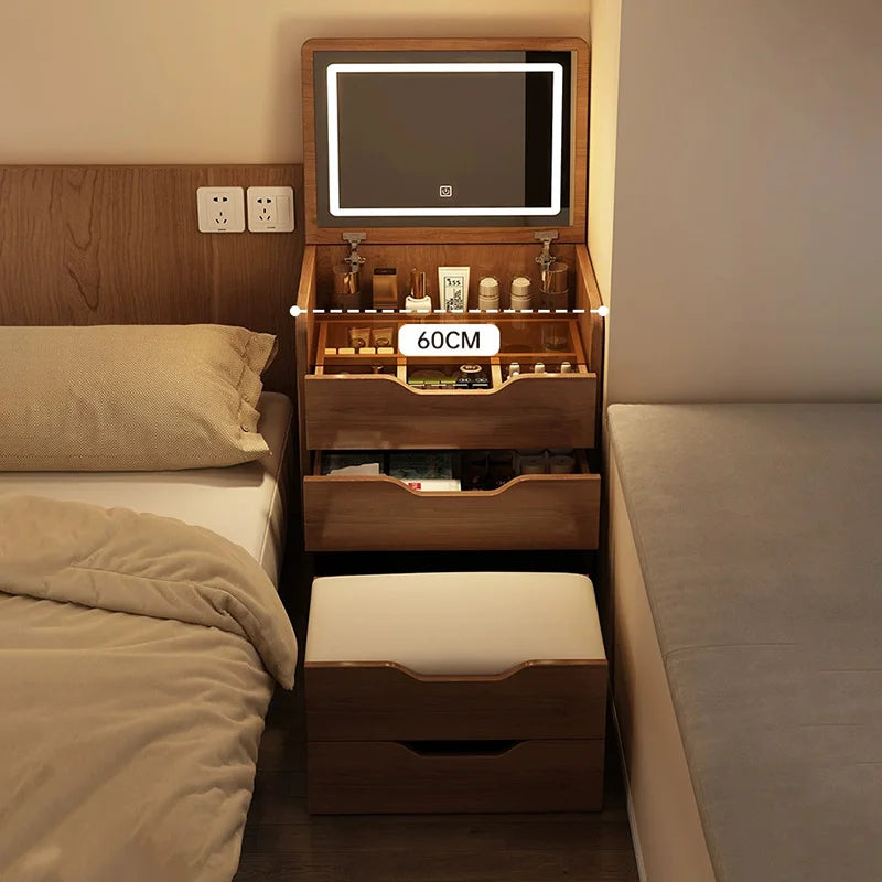 Meridian Collection | Floating Brass-Accented Walnut Nightstand - exhibiting shadow play and geometric silhouette detail in a Mid-Century Modern bedroom setting.