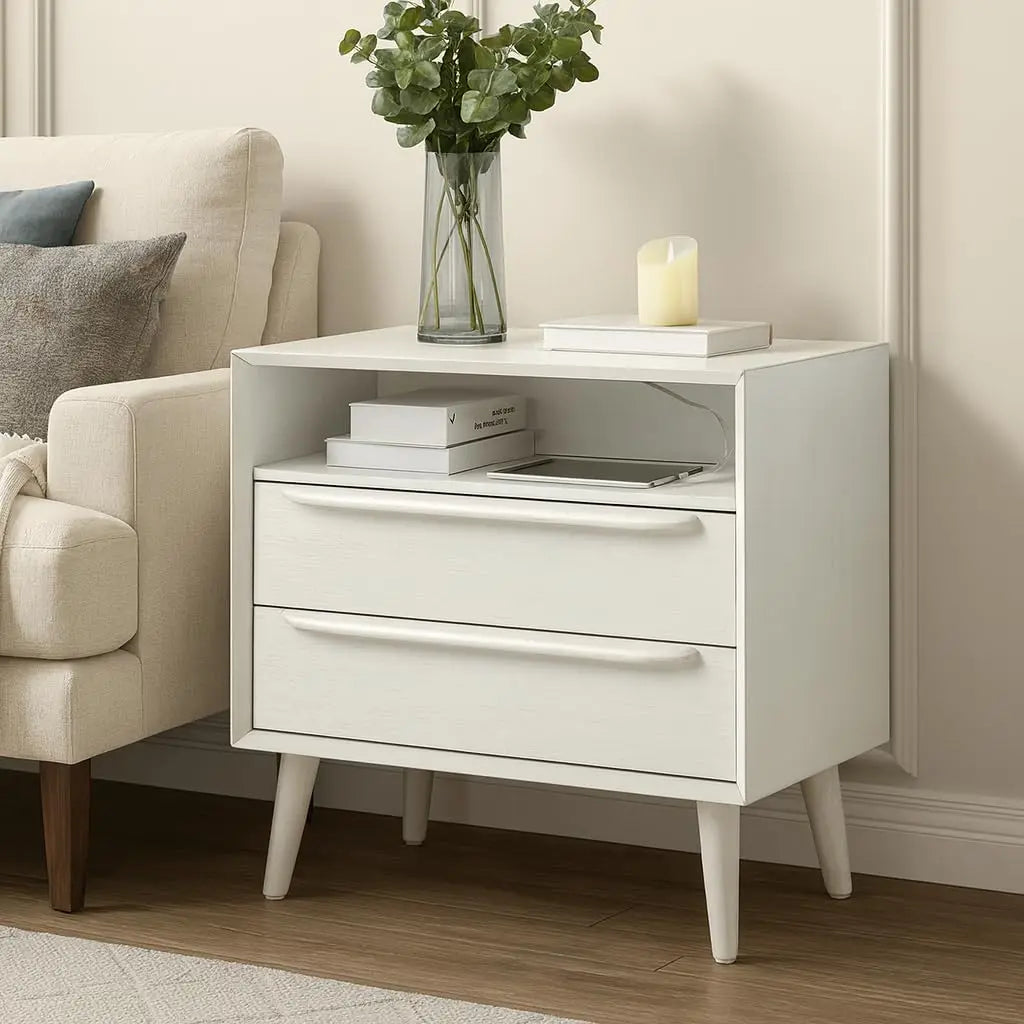Meridian Collection | Fluted Brass-Accented Walnut Charging Console - styled from an alternate angle revealing dimensional depth in a Mid-Century Modern entryway setting.
