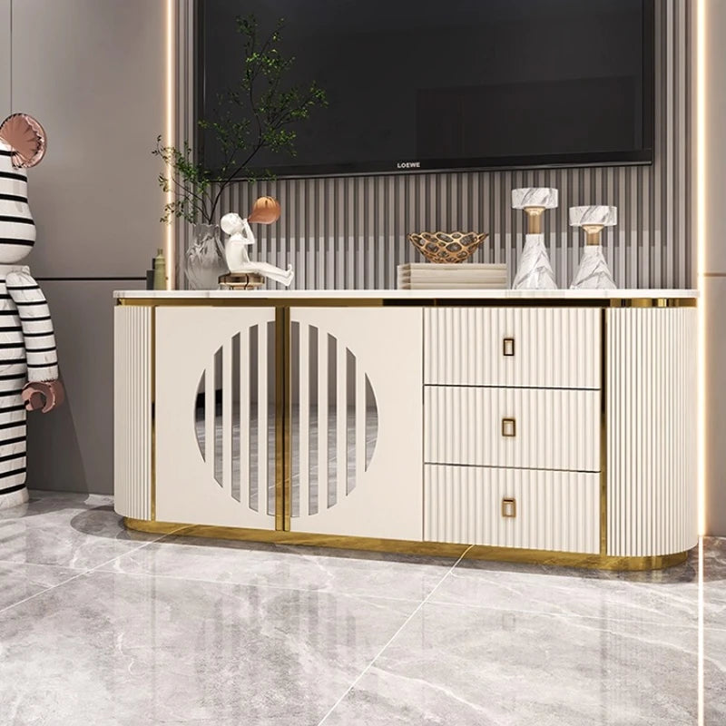Belmont Collection | Tapered-Leg Brass-Accented Rich Walnut Media Console - presented at scale within a designed interior in a Mid-Century Modern entryway setting.