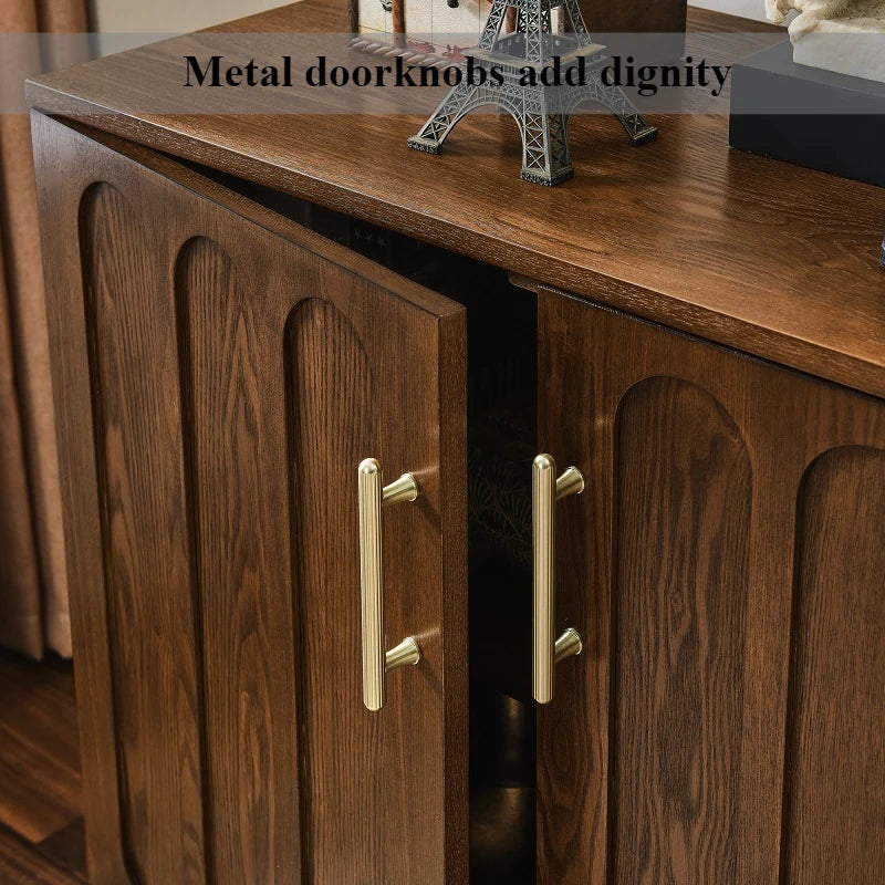 Fontaine Collection | Geometric Brass-Accented Walnut Cabinet - styled from an alternate angle revealing dimensional depth in a Mid-Century Modern living room setting.
