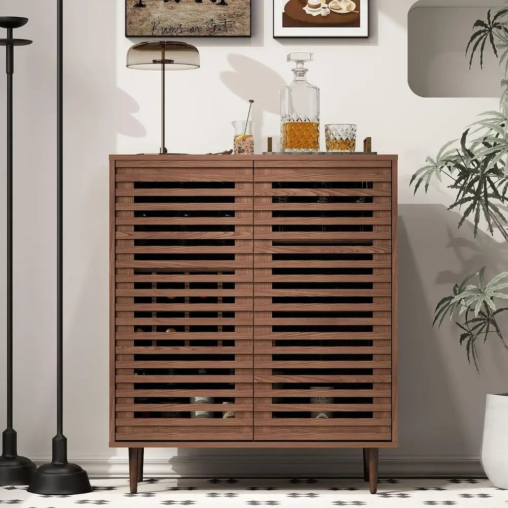 Dresden Collection | Slatted Glass-Topped Walnut Bar Cabinet - featuring close-up joinery and artisanal finish quality in a Mid-Century Modern dining room setting.
