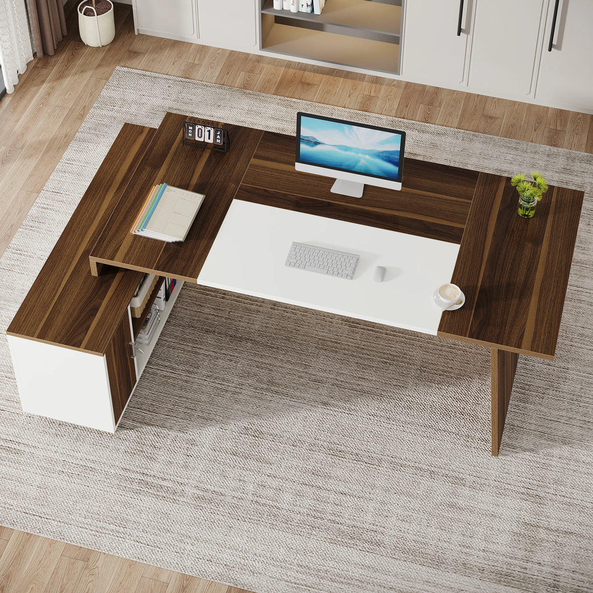 Dresden Collection | Petite Floating Walnut Executive Desk - presented at scale within a designed interior in a Mid-Century Modern home office setting.