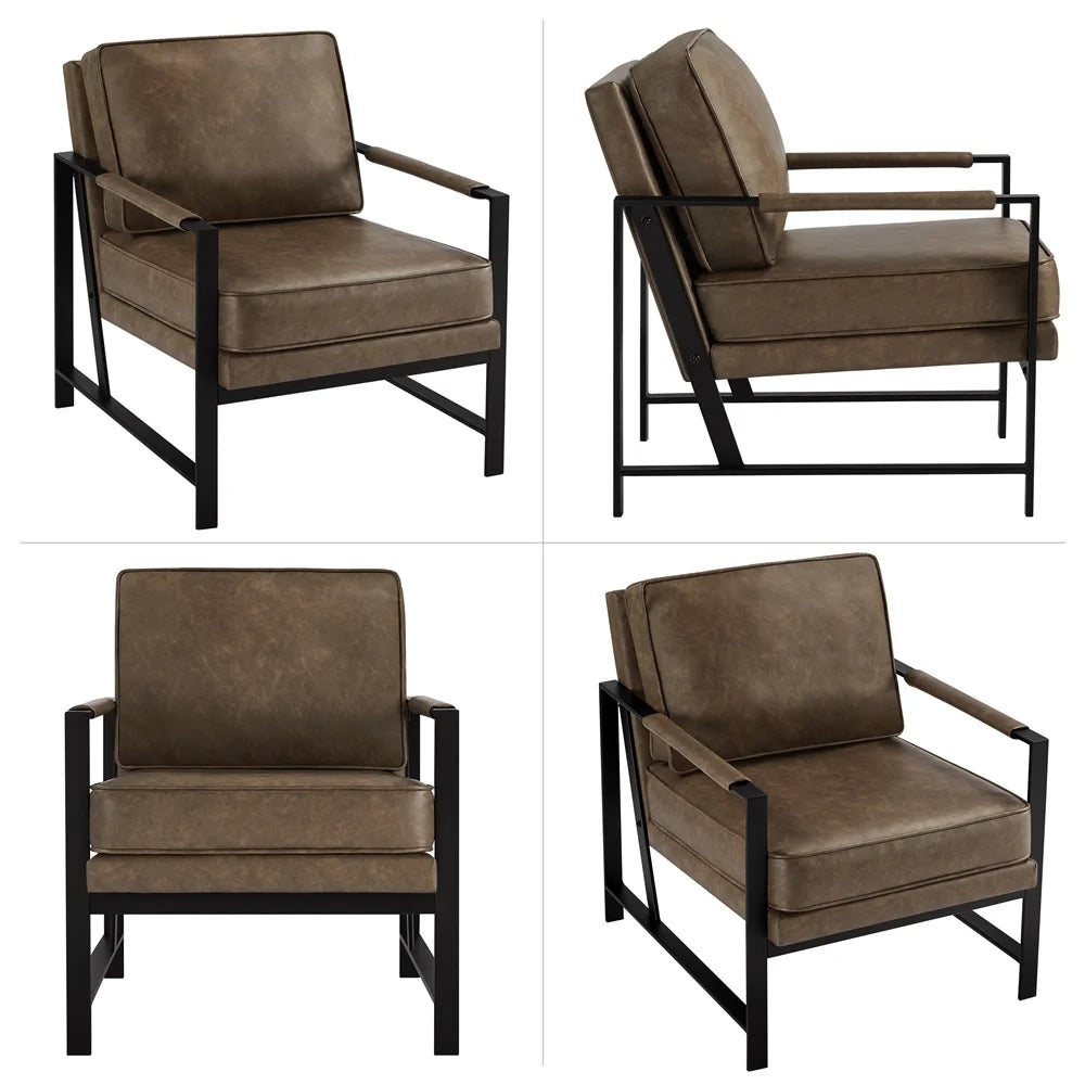 Mid-Century Modern Accent Chair with Metal Frame, Brown Faux Leather