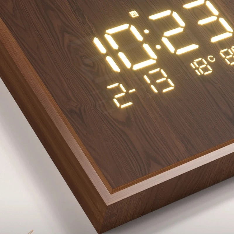 Dresden Collection | Geometric Atomic-Era Walnut Digital Clock - styled from an alternate angle revealing dimensional depth in a Mid-Century Modern living room setting.
