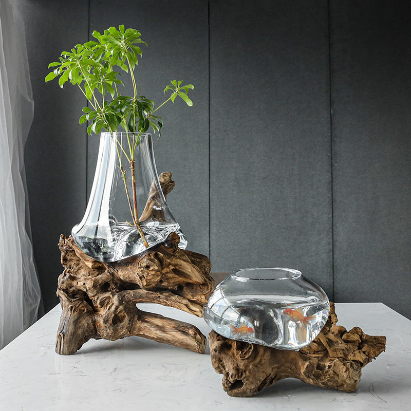Astoria Collection | Geometric Glass-Topped Glass & Walnut Vessel - showcasing full sculptural form and curated finish in a Mid-Century Modern living room setting.