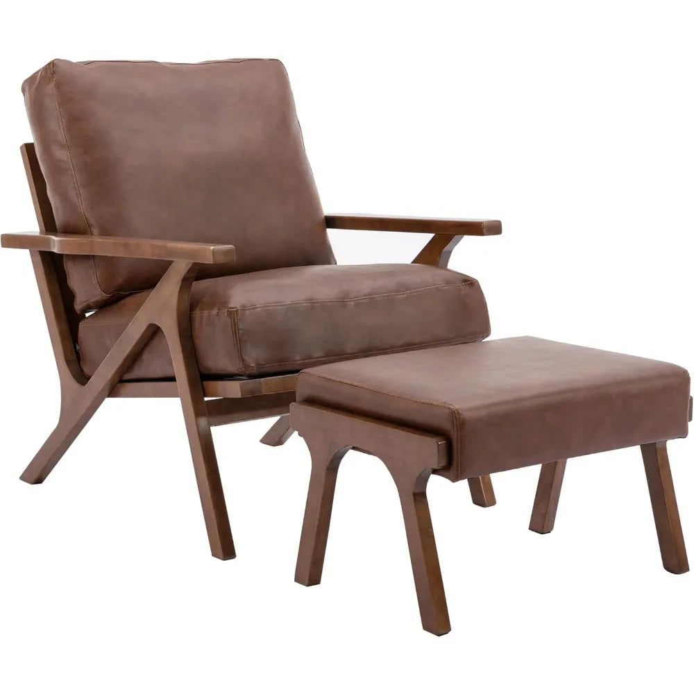 Ellington Collection | Angular Leather-Wrapped Walnut & Leather Set - styled from an alternate angle revealing dimensional depth in a Mid-Century Modern living room setting.