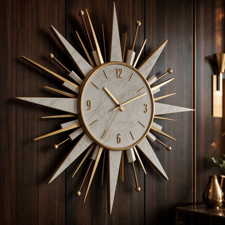 Dresden Collection | Geometric Marble-Topped Marble & Gold Sunburst Clock - showcasing full sculptural form and material finish in a Mid-Century Modern living room setting.