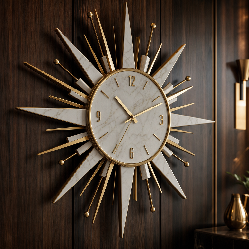 Dresden Collection | Geometric Marble-Topped Marble & Gold Sunburst Clock - showcasing full sculptural form and material finish in a Mid-Century Modern living room setting.