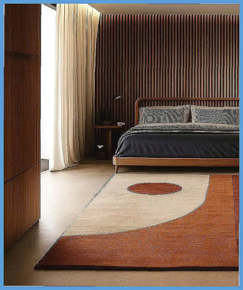 Dresden Collection | Geometric Desert-Modern Abstract Wool Rug - featuring close-up joinery and artisanal finish quality in a Mid-Century Modern living room setting.