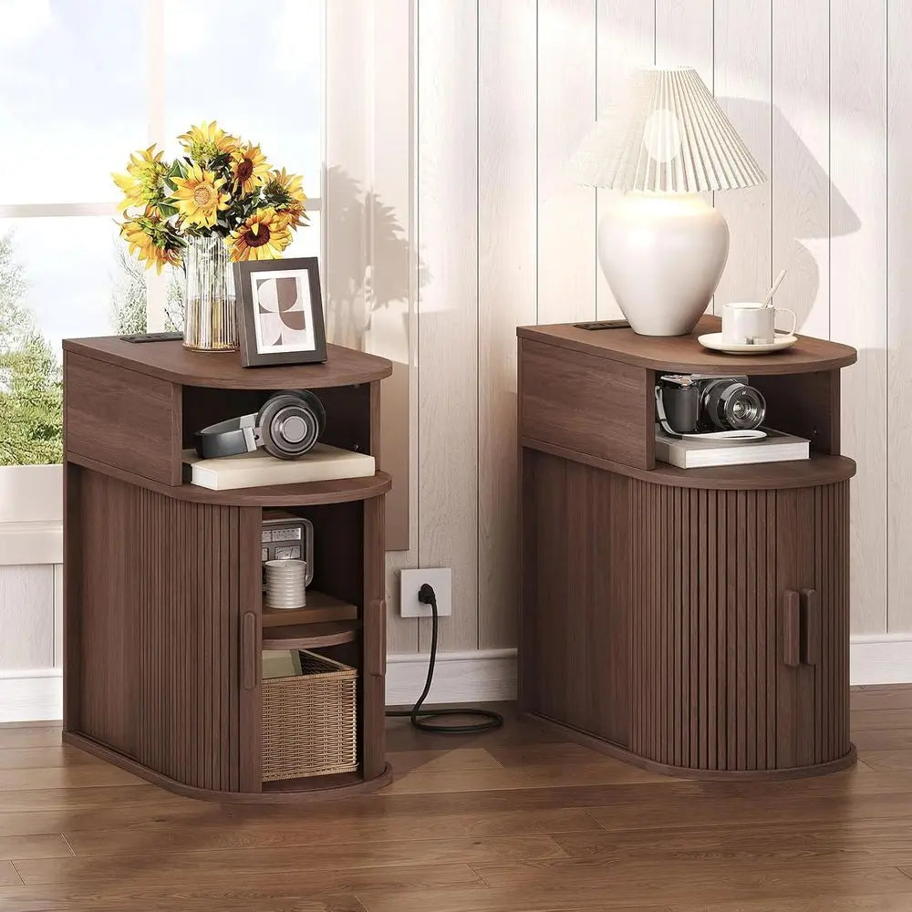 Dresden Collection | Fluted Brass-Accented Walnut Charging Station - captured in a curated lifestyle vignette in a Mid-Century Modern living room setting.