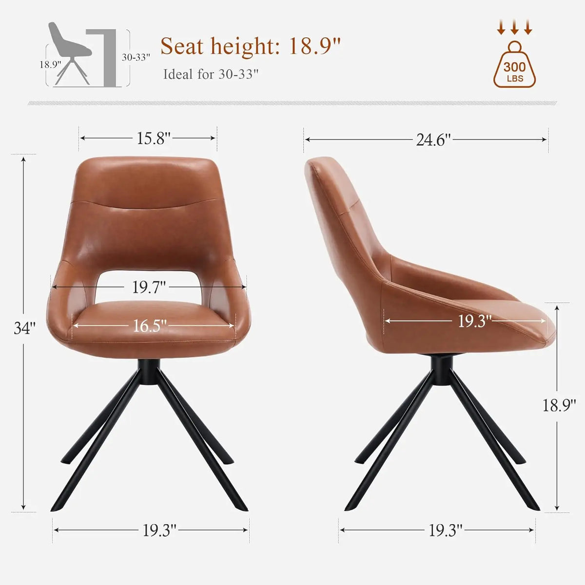 Ellington Collection | Sculptural Leather-Wrapped Swivel in Cognac Faux Leather - presented at scale within a designed interior in a Mid-Century Modern living room setting.