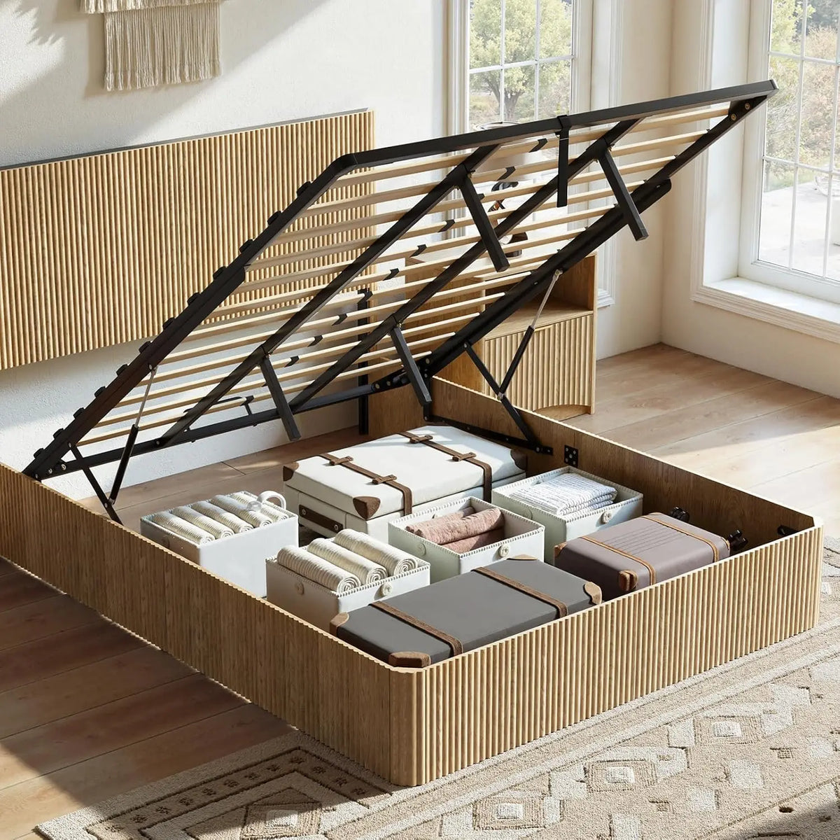 Fontaine Collection | Fluted Brass-Accented Walnut Lift Storage Bed - presented at scale within a designed interior in a Mid-Century Modern bedroom setting.