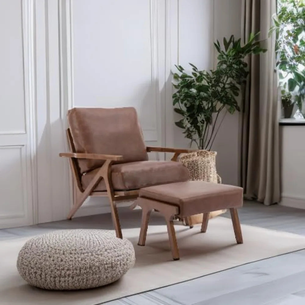 Ellington Collection | Angular Leather-Wrapped Walnut & Leather Set - captured in a curated lifestyle vignette in a Mid-Century Modern living room setting.