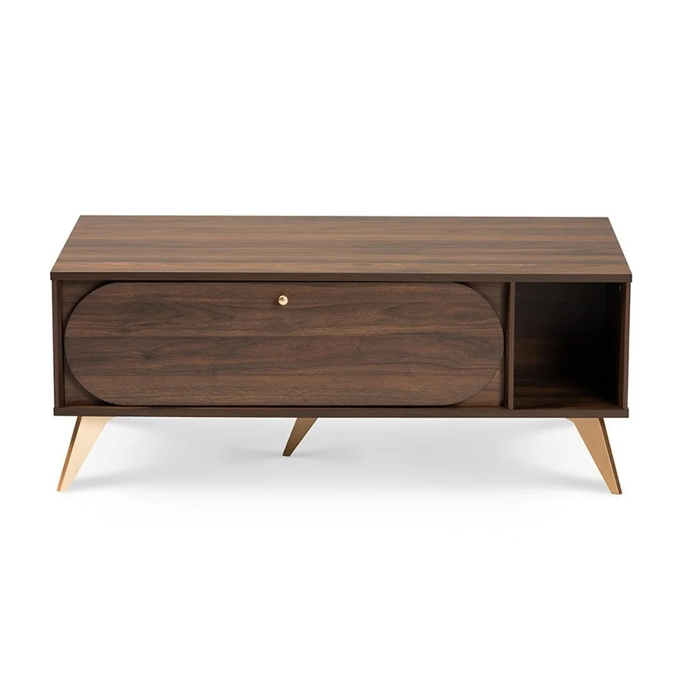 Edel Mid-Century Modern Walnut Brown and Gold Finished Wood Coffee Table