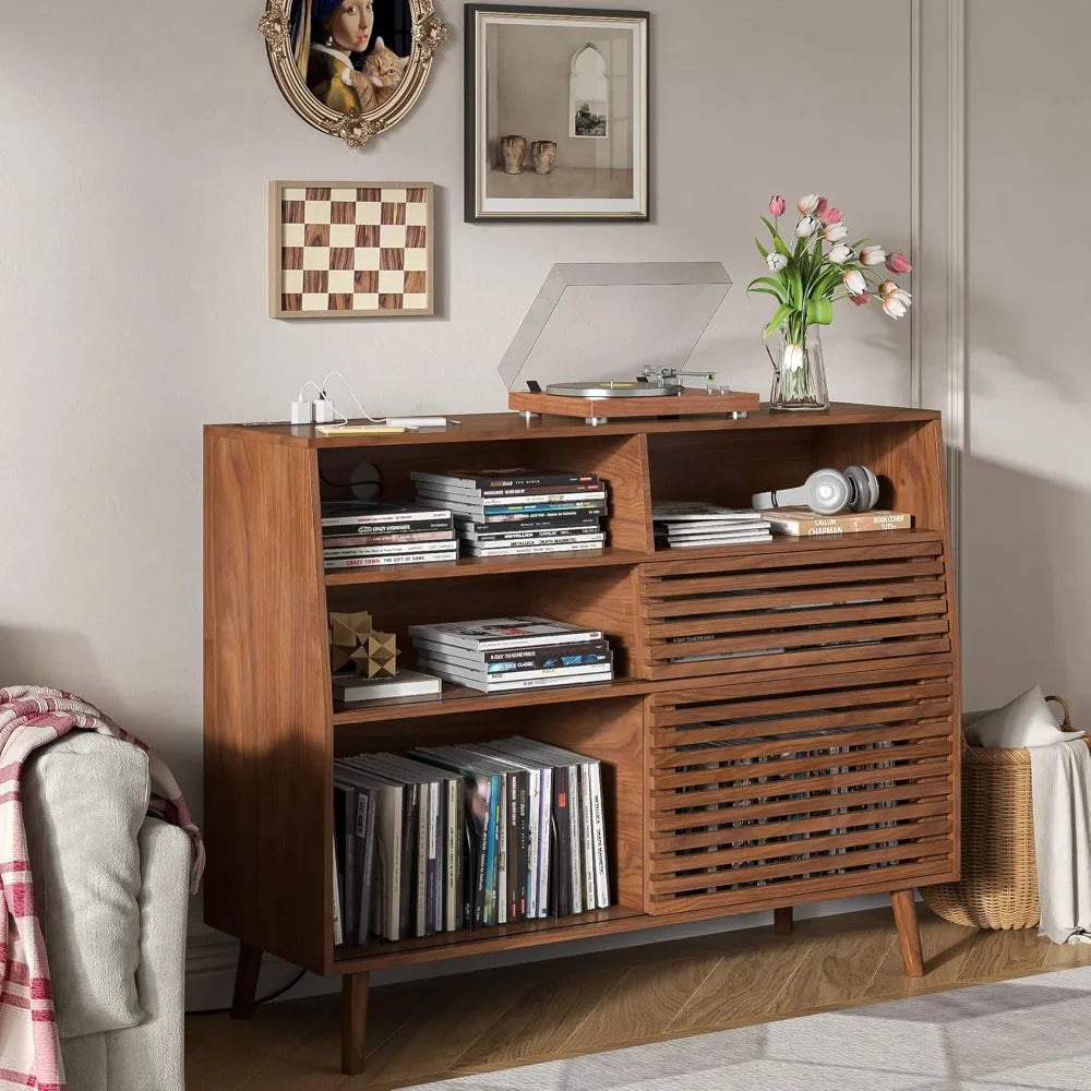 Ellington Collection | Geometric Danish-Inspired Walnut Record Console - presented at scale within a designed interior in a Mid-Century Modern entryway setting.