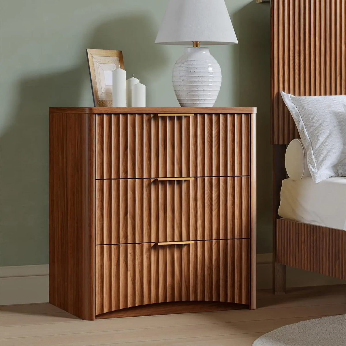 Dresden Collection | Atomic-Era Drawer Fluted Walnut Nightstand - captured in a curated lifestyle vignette in a Mid-Century Modern bedroom setting.