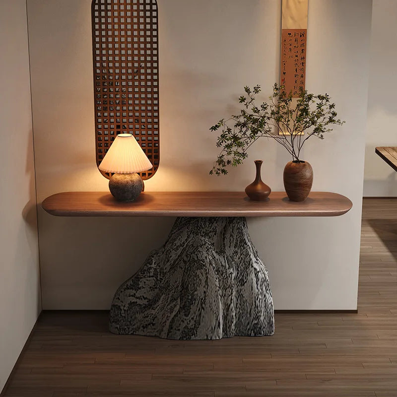 Dresden Collection | Desert-Modern Walnut Console - revealing tonal warmth and surface patina under ambient light in a Mid-Century Modern entryway setting.